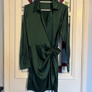 Satin Long Sleeve Wrap Blouse in Hunter Green